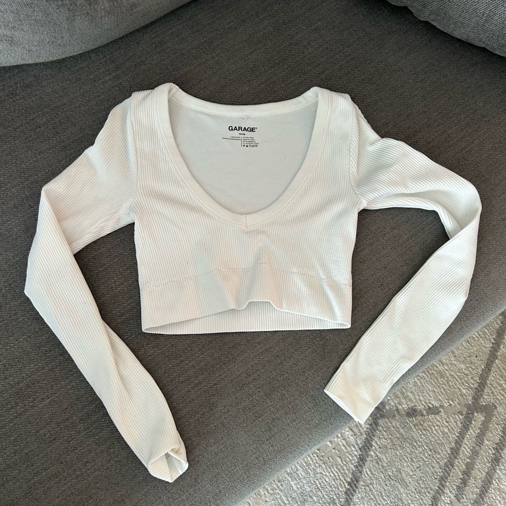 Garage Cream Ribbed V-Neck Crop Top